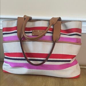 Kate Spade Oak Island Striped Tote Leather & Canvas BAG Purse Nice!